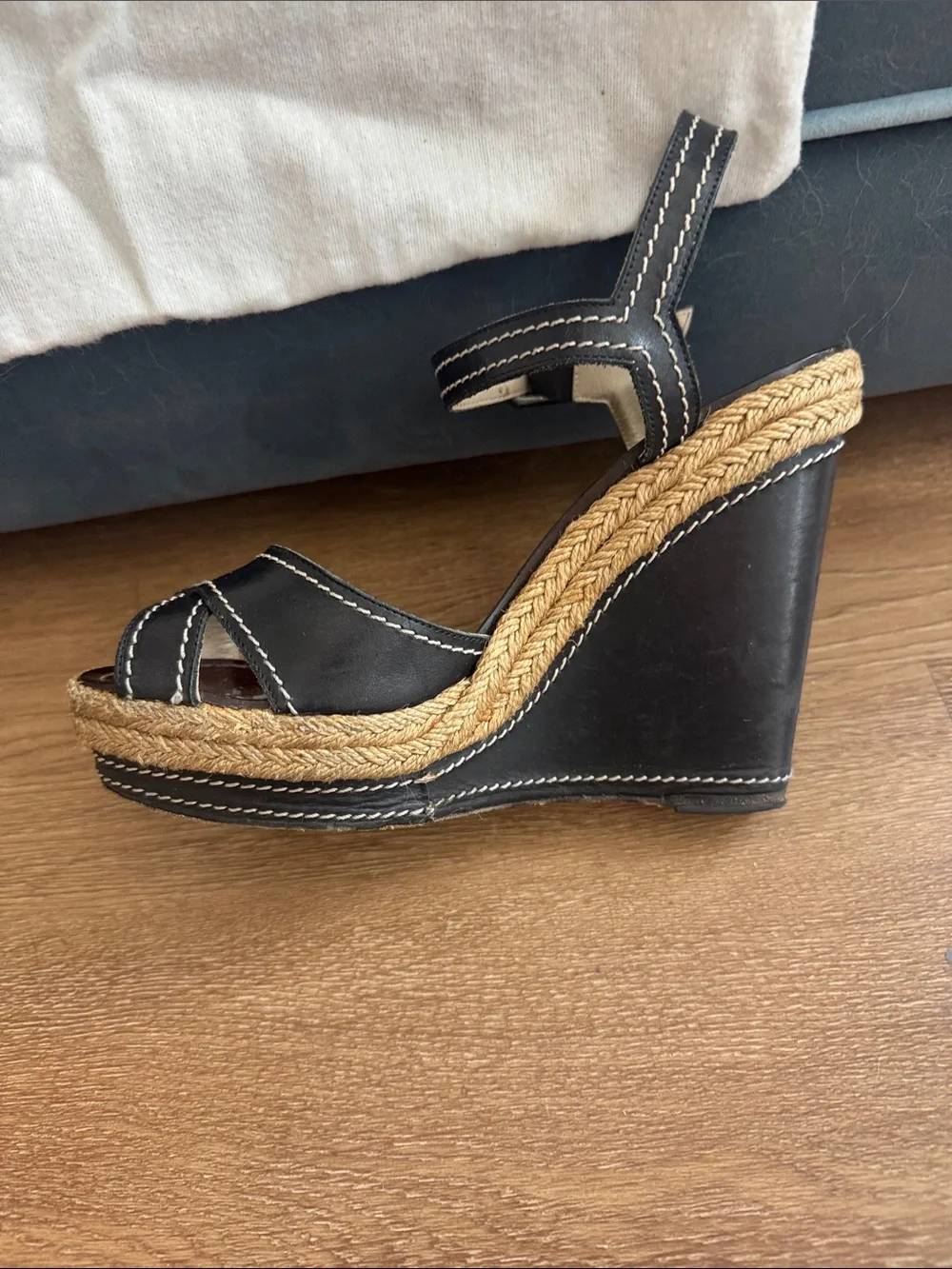 Christian Louboutin Black Leather Wedge Sandals with Espadrille Platform